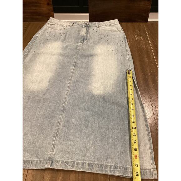 Rebecca Minkoff rhinestone embroidered High Side Slit Midi Denim Skirt Cotton 16 - Picture 6 of 9